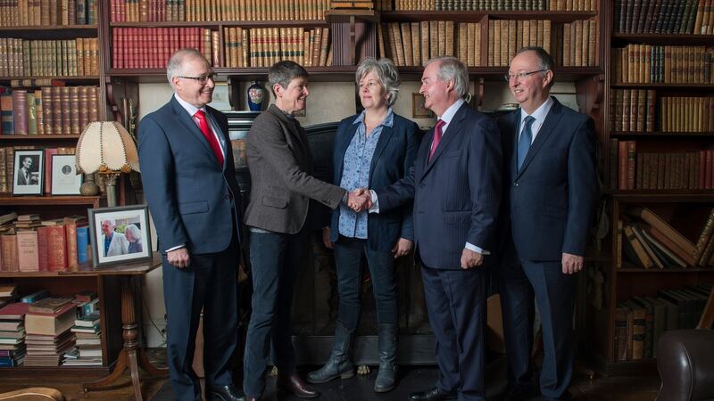 Sold: the Browne family confirms the sale of Westport House to the Hughes brothers. From left: Owen Hughes, Sheelyn Browne, Karen Browne, Cathal Hughes and Harry Hughes. Photograph: Michael McLaughlin