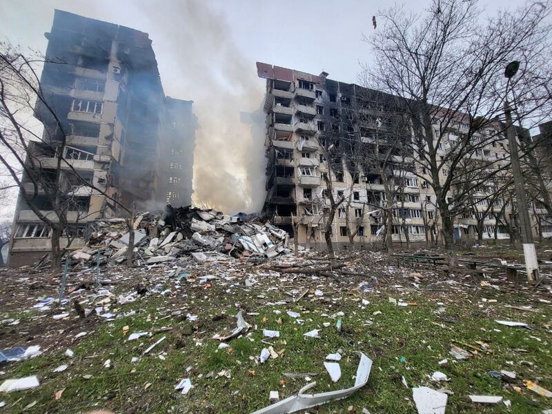 The scene of a Russian missile strike on the town of Vuhledar in the eastern Donetsk region in April 2023 as the 'White Angels' responded. Photograph courtesy of Vasyl Pipa