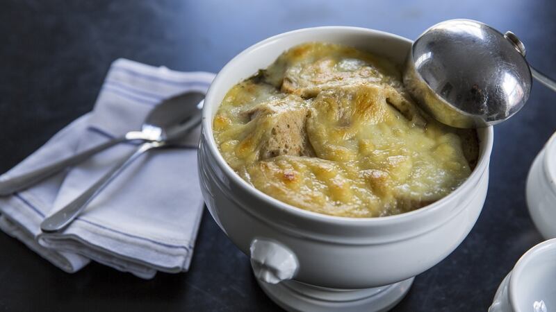 Leek and apple soup with cheese and bread. Photograph: Emma Jervis Photography