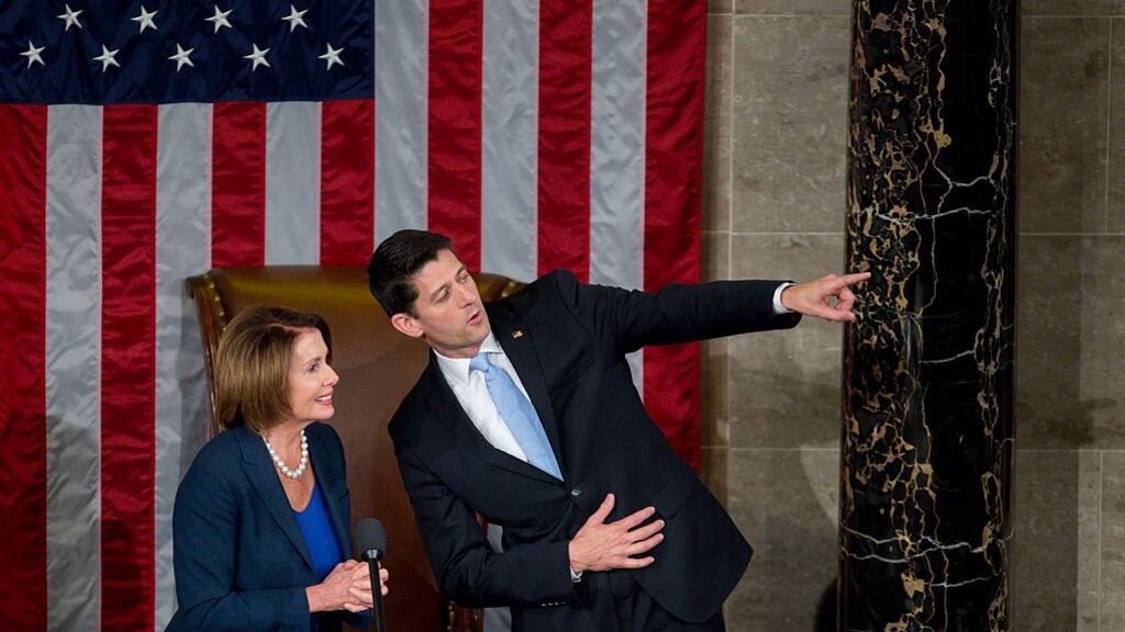 Minority leader in the House of Representatives, Nancy Pelosi, (a Democrat from California) and the Speaker, Paul Ryan (a Republican from Wisconsin. Photograph: Andrew Harrer/Bloomberg via Getty Images