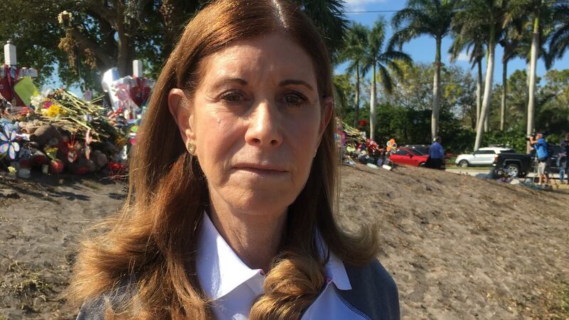 Linda Beigel Schulman outside the Marjory Stoneman Douglas high School in Parkland, Florida. Her son Scott, a geography teacher at the school, was killed in the attack. Photograph: Suzanne Lynch