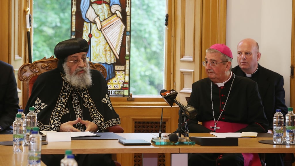 Archbishop of Dublin Diarmuid Martin (right) welcomes His Holiness Pope Tawadros II, head of the Coptic Church, to Archbishop’s House in Dublin. Photograph: Niall Carson/PA Wire