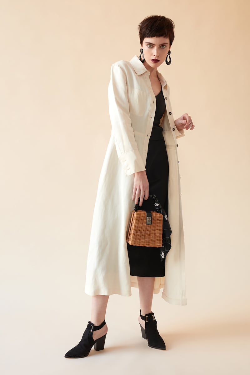 Cream dress worn as duster €129 Massimo Dutti, dress €330 BaSh, Brown Thomas, shoes €50 River Island, bag €39.99 Zara, scarf Ciara Silke, earrings Om Diva.