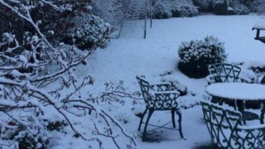 Snow is seen in the garden of a house in Carrickfergus, Co Antrim on Saturday. Photograph: @rsmyth579 via Twitter