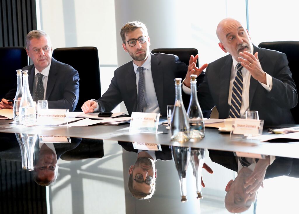 Gabriel Makhlouf (right) suggested the ECB could lift rates by a further 50 basis points – to 4.25 per cent  – before pausing, and keep them there for longer than markets are expecting. Photograph: Sasko Lazarov/rollingnews.ie