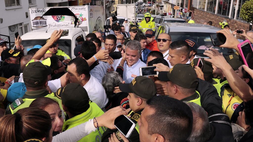 Ivan Duque, the Democratic Center Party candidate for the presidency of Colombia. Mr Duque will compete with Colombia Humana party candidate Gustavo Petro in the second round of elections on Sunday. Photograph: Jhon Jairo Bonilla/EPA