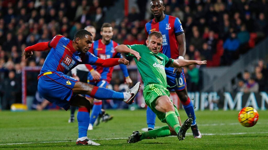 Crystal Palace’s Jason Puncheon shoots at goal during last night’s Premier League clash at Selhurst Park. Photograph: Eddie Keogh/Reuters