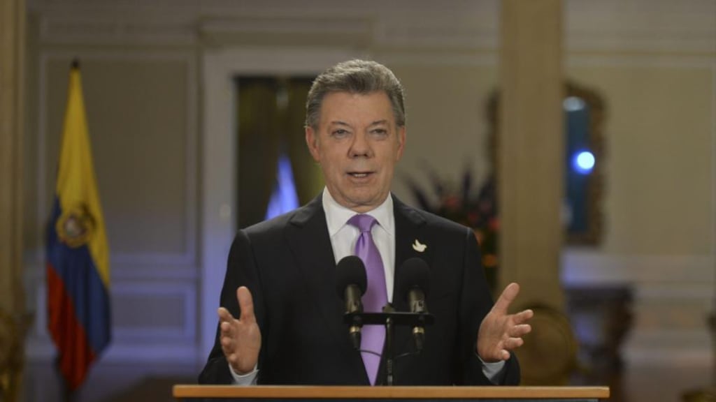 Colombian president Juan Manuel Santos speaking druing a national broadcast in Bogota, Colombia on Tuesday. Mr Santos ordered armed forces to suspend attacks on camps of the FARC guerrilla. Photograph: EPA