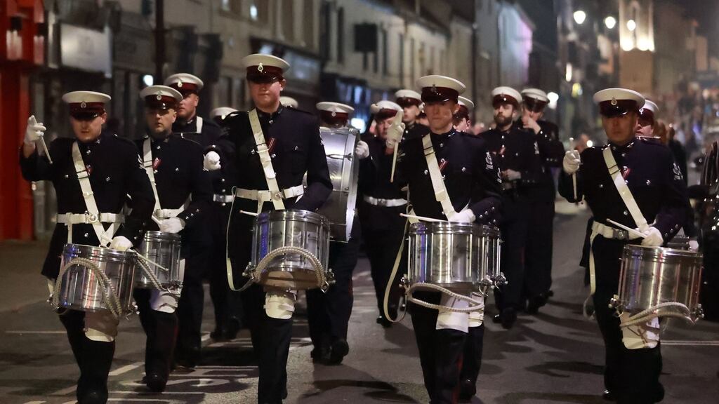 Drummers march during the rally against the Northern Ireland Protocol in Ballymoney, Co Antrim. Photograph: Liam McBurney/PA Wire