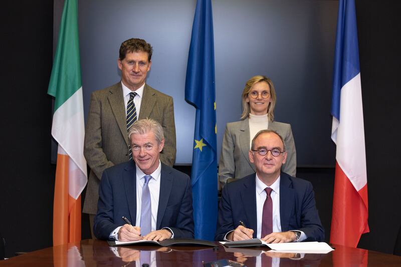 EirGrid chief executive Mark Foley and Xavier Piechaczyk, president of the managing board of French grid operator RTE, are joined by Minister for Environment Eamon Ryan and French minister of energy transition Agnès Pannier-Runacher. Photograph: Shane O'Neill, Coalesce