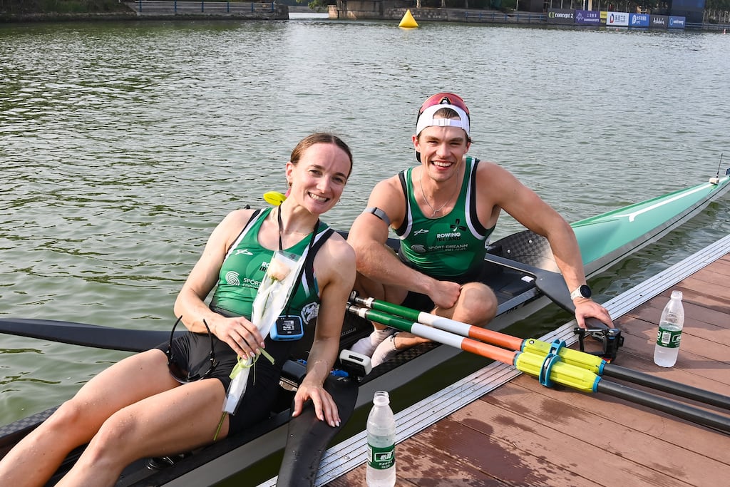 Mags Cremen and Fintan McCarthy celebrate winning gold in mixed double sculls at the 2025 World Rowing Championships. Photograph: INPHO/ Detlev Seyb