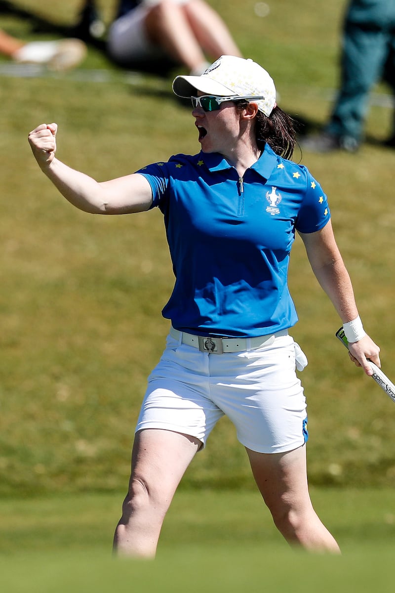 Leona Maguire celebrates during her decisive contribution to Europe's Solheim Cup victory. Photograph: Martin Siras Lima/Inpho