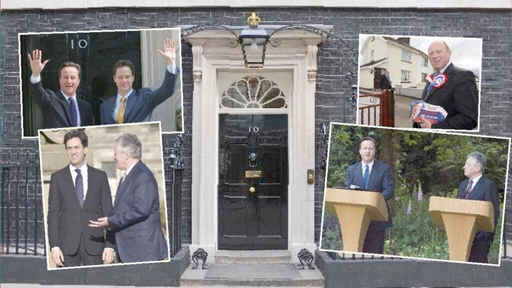 Potential partners: Peter Robinson with David Cameron in the Downing Street garden (bottom right) and with Ed Miliband in Belfast (bottom left); David Cameron formed his current coalition with Nick Clegg (top left); Robinson will be under pressure to deliver short-term gains to party colleagues frightened of Traditional Unionist Voice, the party of Jim Allister (top right). Photographs: Will Oliver/AFP/Getty, Charles McQuillan/Getty, Geoff Caddick/AFP/Getty and Paul Faith/PA Wire