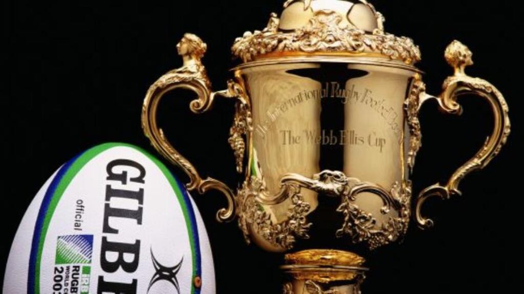 LThe Rugby World Cup Trophy with the Official World Cup Rugby ball during a photo shoot on March 5, 2003 in London. Photograph: David Rogers/John Gichigi/Getty Images