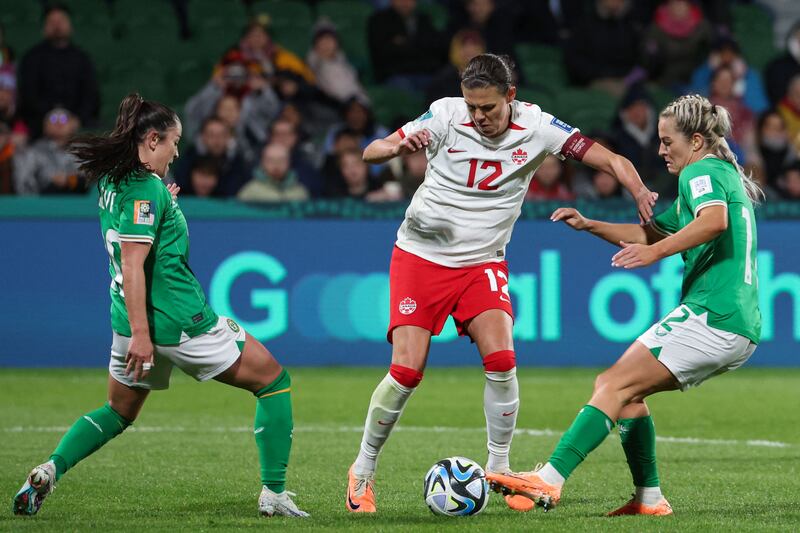 For the fisrt time ever at a World Cup, veteran Canada strike Chirstine Sinclair started the match from the bench. Photograph: Colin Murty/ AFP via Getty Images