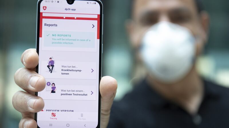 The tracker app called Decentralized Privacy-Preserving Proximity Tracing (DP-3T) during a test with Swiss soldiers at the Swiss Federal Institute of Technology (EPFL). File photograph: Laurent Gillieron/EPA