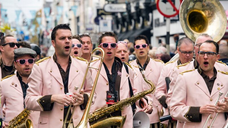 The OhnO! Jazz Band from the Netherlands at The Guinness Cork Jazz Festival Parade in Cork city centre. Photograph: Daragh Mc Sweeney/Provision