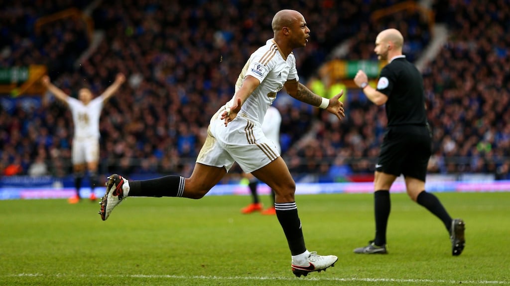 André Ayew scored Swansea City’s winner against Everton at Goodison Park. Photogrpah: Getty