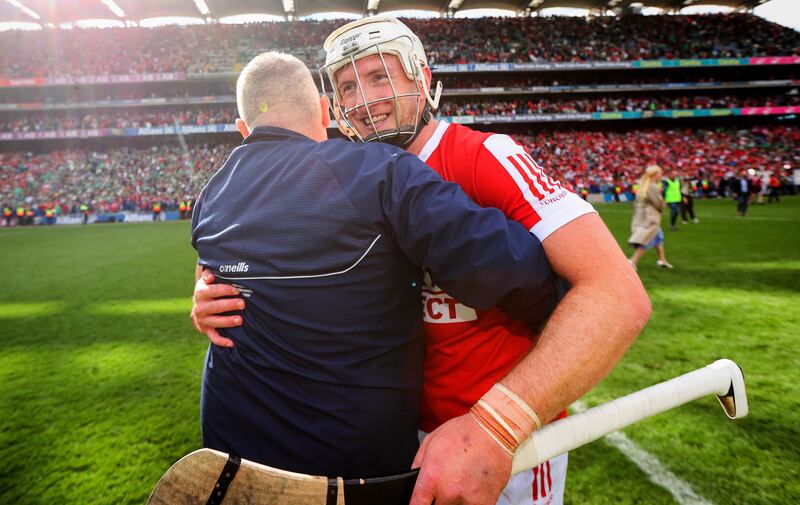 Cork manager Pat Ryan and Patrick Horgan celebrate. Photograph: Ryan Byrne/Inpho