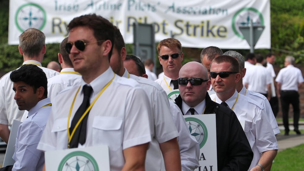 Ryanair pilots on the picket line outside Ryanair headquarters in Airside, Swords, on their fourth day of official strike action. Photograph: Colin Keegan/ Collins