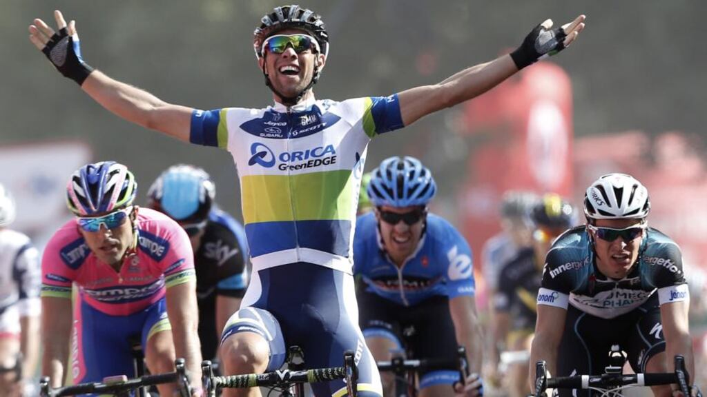 Orica-GreenEdge’s Australian rider Michael Matthews celebrates his stage  victory at theTour of Spain, a 174.3km stage between Sober and Lago de Sanabria. Photograph:  Jose Jordan/AFP/Getty Images.