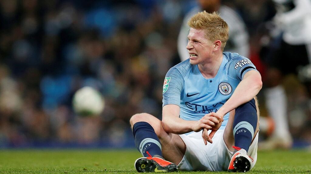 Manchester City’s Kevin De Bruyne after sustaining ligament damage to his left knee against Fulham at the Etihad Stadium, Manchester, on November 1st. Photograph: Reuters/Andrew Yates