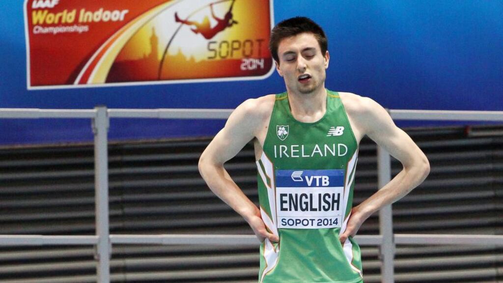 Mark English after finishing fourth in his 800m heat at the IAAF World Indoor Athletics Championships in the  Ergo Arena in Sopot. Photograph: Adam Jastrzebowski/Inpho