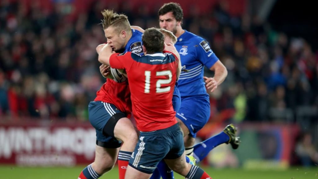 Dave O’Callaghan scores a try for Munster against Leinster at Thomond Park. Photograph: Dan Sheridan/Inpho