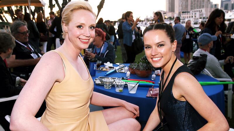 Gwendoline Christie and Daisy Ridley at the "Star Wars" Fan Concert performed by the San Diego Symphony, featuring the classic "Star Wars" music of composer John Williams, at the Embarcadero Marina Park South on July 10, 2015 in San Diego, California. (Photo by Jesse Grant/Getty Images for Disney)