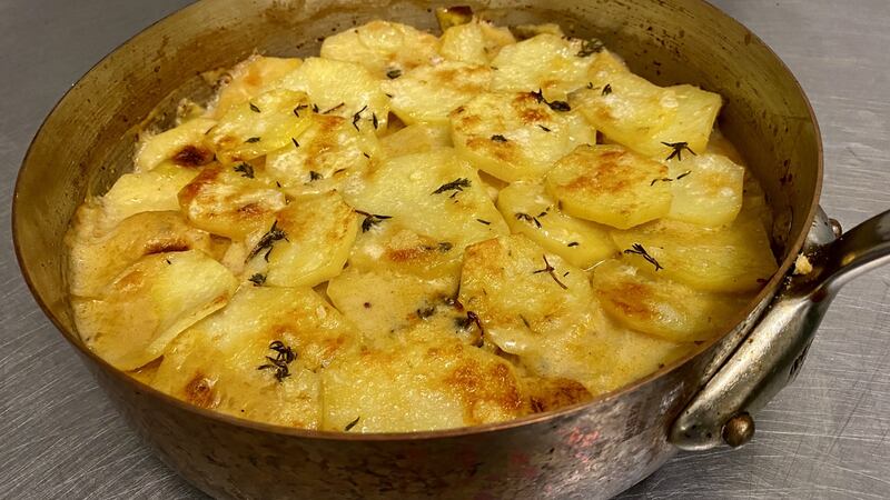 Chicken, mushroom and leek potato gratin.