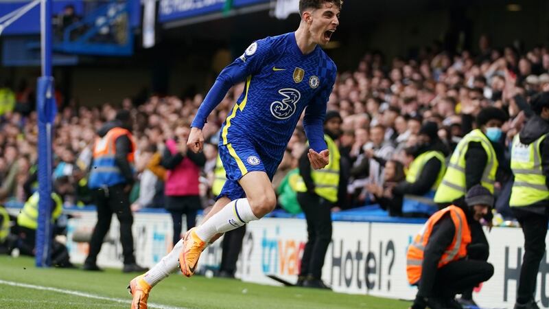 Chelsea’s Kai Havertz celebrates scoring the winning goal. Photograph: Adam Davy/PA