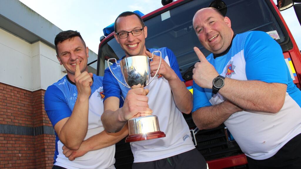 Rafal Gierasimiuk, Nigel O’Gorman and Marc Mulhaire from Thurles Fire Station – the overall winners of the Setanta Fire Service Games at the weekend. Photograph: Dylan Vaughan
