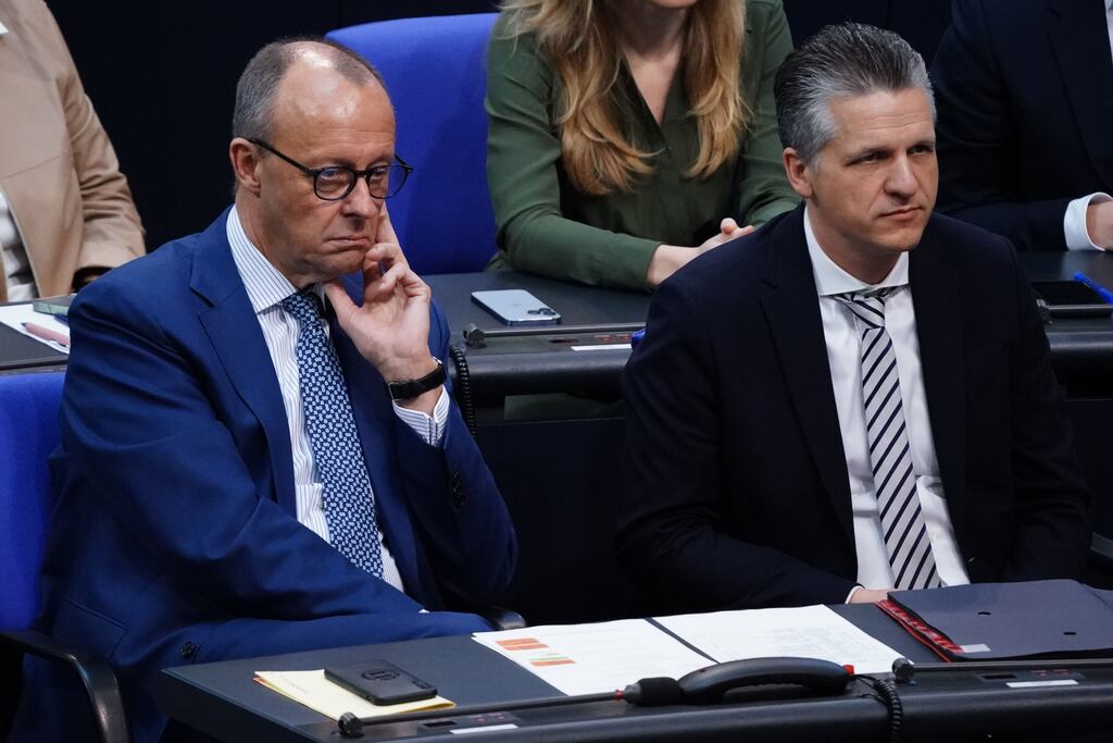 The Christian Democratic Union party's Thorsten Frei (right), photographed here with CDU chairman Friedrich Merz, wants asylum policy stripped back in line with the original postwar laws. Photograph: Clemens Bilan/EPA - European Pressphoto Agency