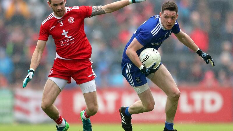 Conor McManus gets away from Tyrone’s Ronan McNamee at Healy Park. The Monaghan man is one of the best forwards in the game. Photograph: James Crombie/Inpho