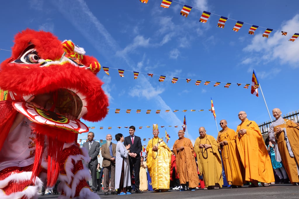 Minister of State Jack Chambers with Venerable Monk Thích Phước Huệ and other guests at the opening of the first Vietnamese Buddhist temple in Ireland on Sunday in Coolock, north Dublin.
Photograph: Dara Mac Dónaill