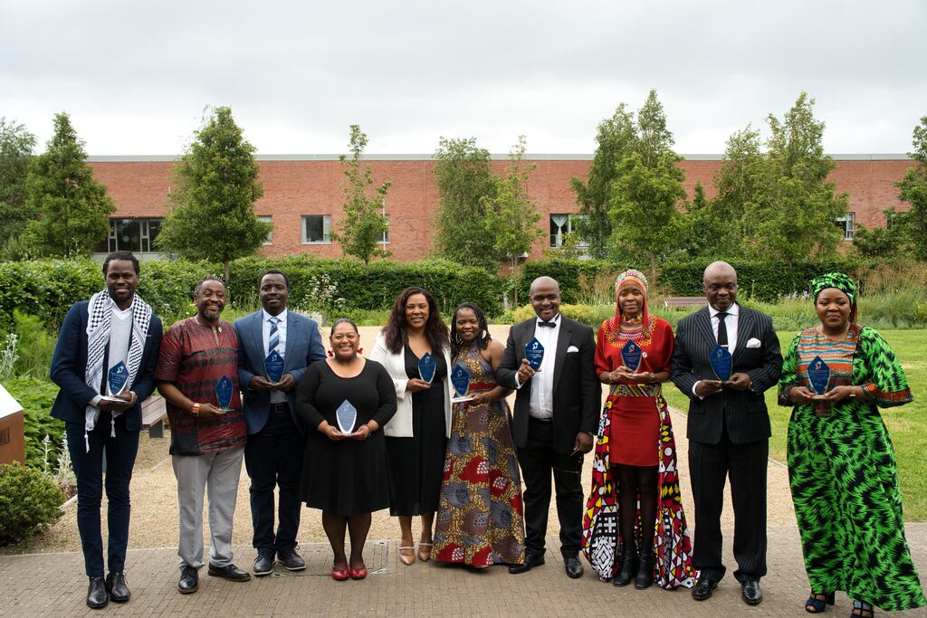 Recipients of the Dublin South City Partnership’s awards for ambassadors of African descent. From left: Bulelani Mfaco, Stephen Ng’ang’a, Gordon Ogutu, Bronwyn April, Donnah Vuma, Rosemary Kunene, Mats’aseng Ralekoala, Siphiwe Moyo, Dr Jean-Pierre Eyanga Ekumeloko; Olubukola Amudat Idowu. Photograph: Bas Ibraheem