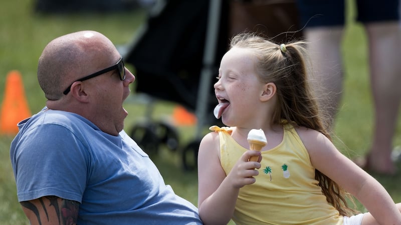 Hailey (6) and her father, Gavin O’Connor, from Clonskeagh, at the National Playday in Merrion Square, Dublin 2, on Sunday. Photograph: Tom Honan