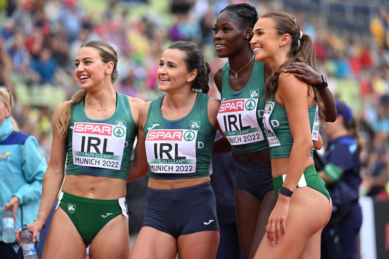 Sophie Becker, Phil Healy, Rhasidat Adeleke and Sharlene Mawdsley of Ireland celebrate following the Women's 4 x 400m relay in Munich, Germany. Photograph: Matthias Hangst/Getty Images