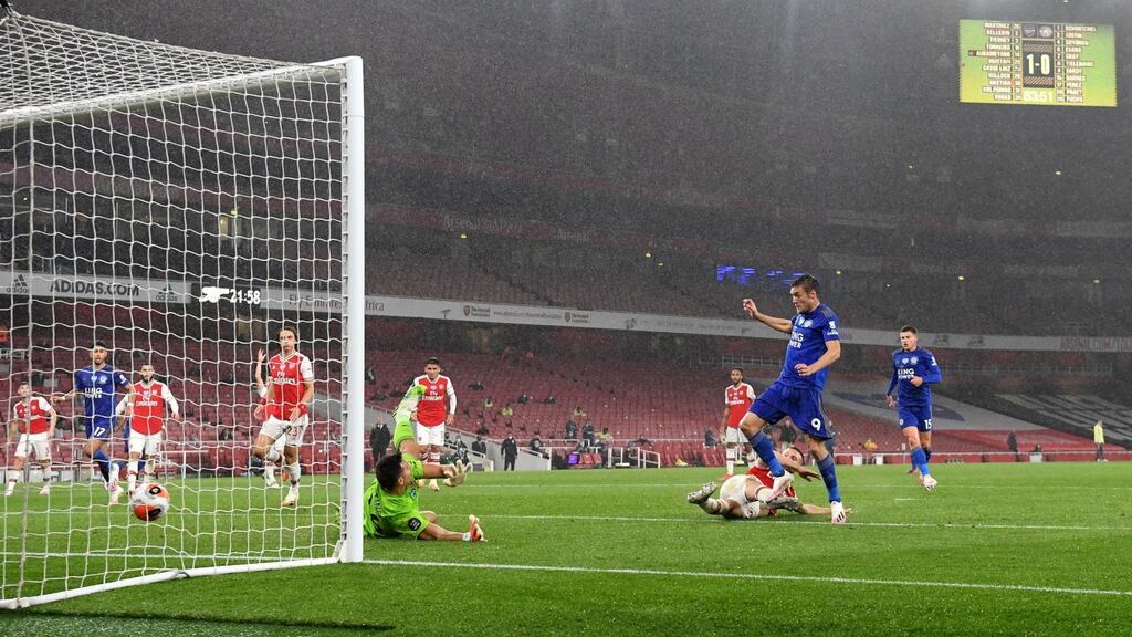 Leicester City’s Jamie Vardy scores the equaliser during the Premier League match against Arsenal at the Emirates Stadium. Photo: Michael Regan/NMC Pool/PA Wire