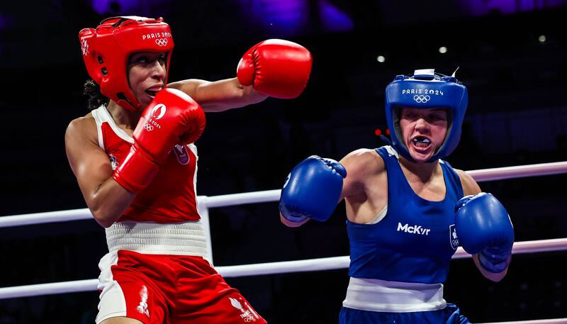 Ireland’s Dania Moorehouse in action against Wassila Lkhadiri of France. Photograph: Ryan Byrne/Inpho