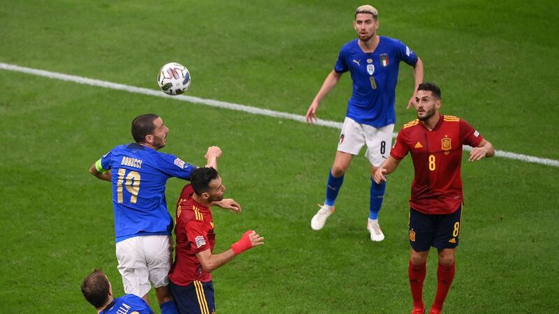 Italy’s Leonardo Bonucci commits a foul on Spain’s Sergio Busquets that led to his sending off for a second yellow card during the Uefa Nations League semi-final match at the San Siro in Milan. Photograph: Marco Bertorello/AFP via Getty Images