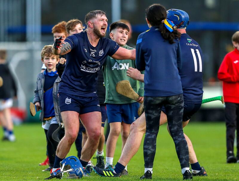 Kildangan’s Willie Connors and Billy Seymour celebrate at the final whistle. Photograph: Ken Sutton/Inpho