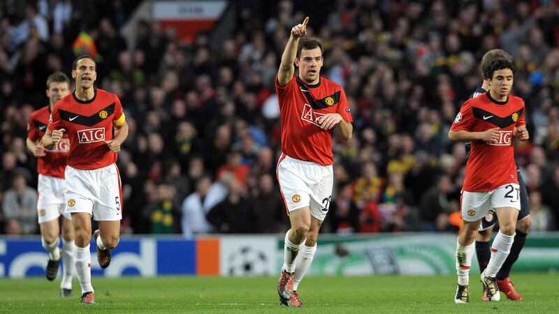 Darron Gibson celebrates scoring for Manchester United against Bayern Munich at Old Trafford during a   Champions League   clash   in 2010. Photograph: Getty Images