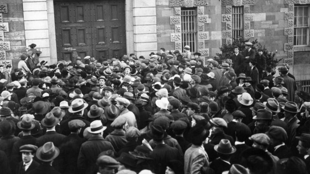 ‘Kevin Barry has been recorded by numerous artists including the great African-American tenor Paul Robeson and sung at concerts by Leonard Cohen. There is no report of either of them getting into trouble as a result.’ Above, November 1st, 1920: the scene outside Mountjoy Prison, Dublin, during the execution of Kevin Barry. Photograph: Hulton Archive/Getty Images