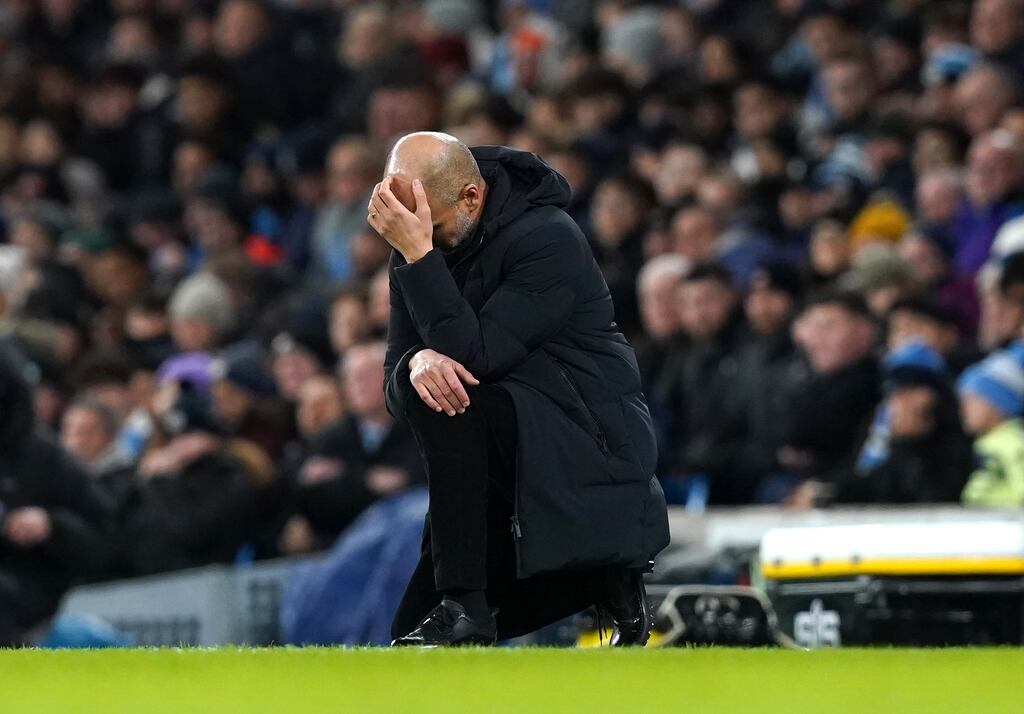 A befuddled Manchester City manager Pep Guardiola on the touchline during the game against Spurs at the Etihad Stadium. City won 4-2. Photograph: PA