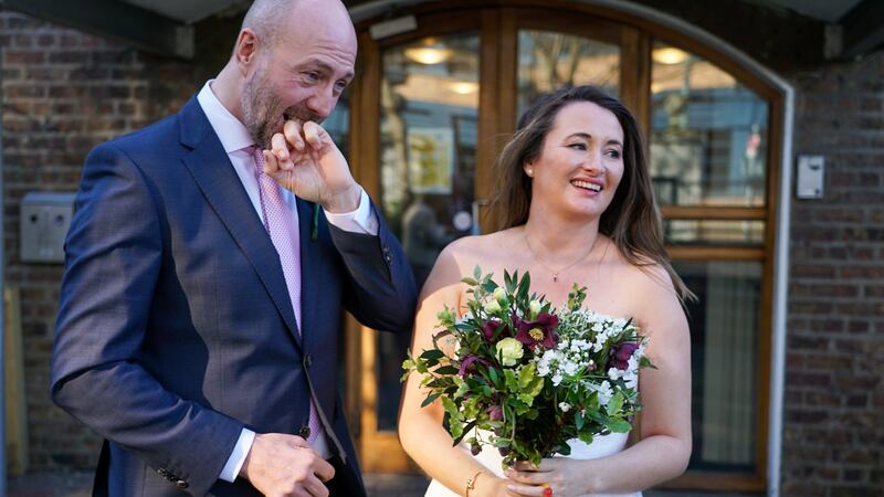 Neil Ferguson and Marie Ryan at the Dublin Registry Office. Photograph: Enda O’Dowd