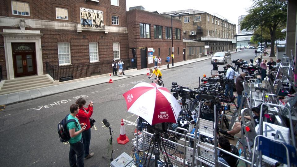 Reporters are seen outside the Lindo Wing of St Mary’s Hospital in London where the Duchess of Cambridgegave birth. Photograph: Getty