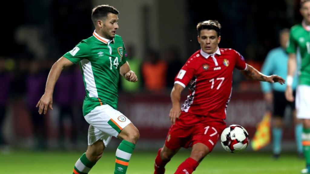 Republic of Ireland midfielder Wes Hoolahan in action against Gheorghe Andronic of Moldova during the World Cup qualifier at Stadionul Zimbru in Chisinau. Photograph: Ryan Byrne/Inpho
