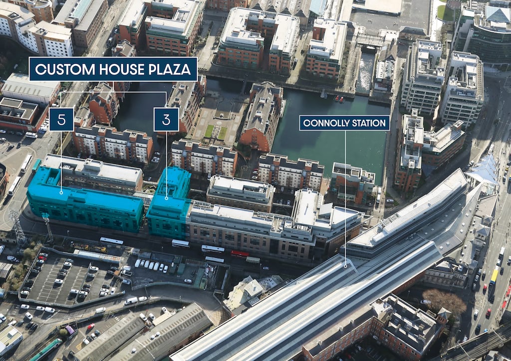 An aerial view of 3 and 5 Custom House Plaza in the IFSC in Dublin