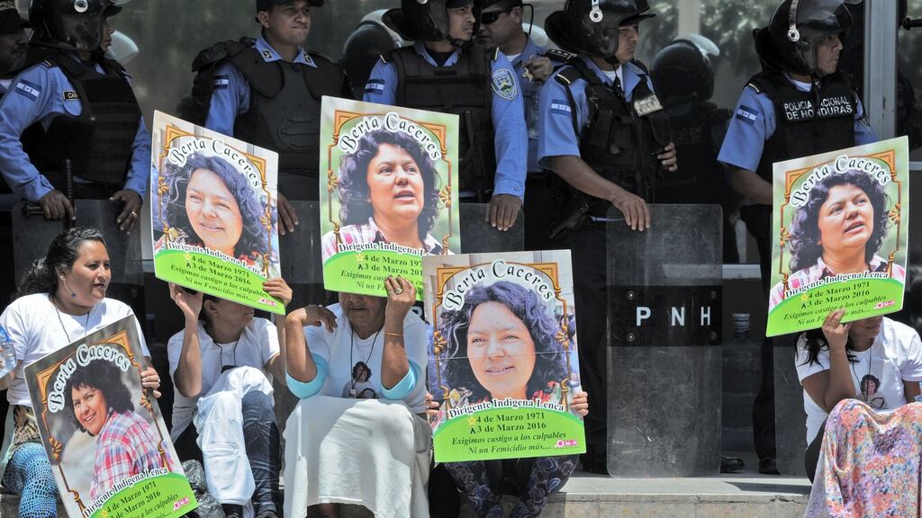 Berta Caceres, who led opposition to the building of a Honduran government-backed dam on the territory of her Lenca people, was assassinated in 2016 by US-trained killers with links to the regime. Photograph:  Orlando Sierra/AFP via Getty